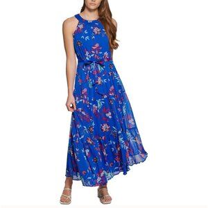 Calvin Klein Blue Floral Belted Tiered Halter Maxi Dress Size 14